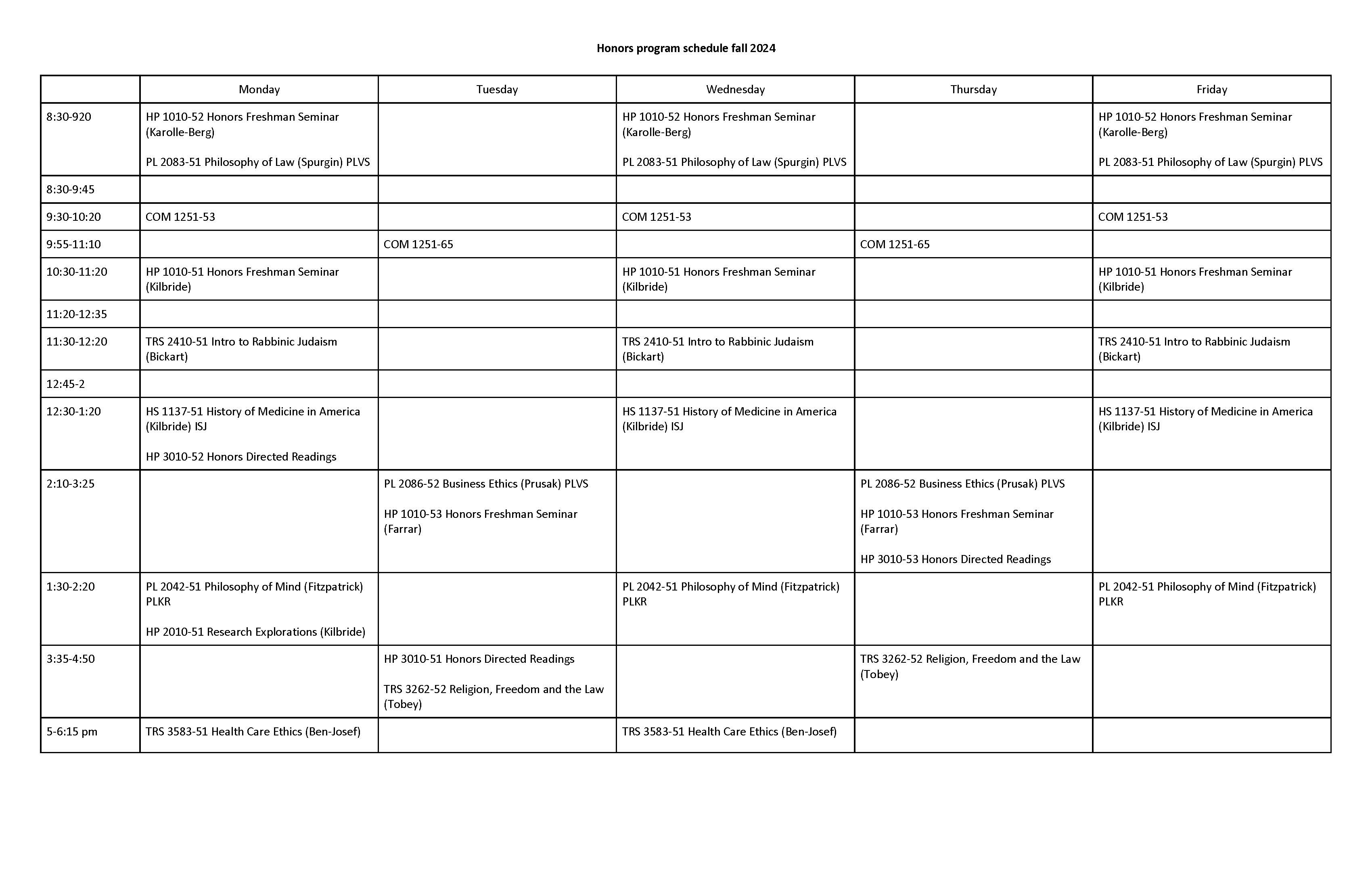 Honors Program Schedule Fall Semester 2024